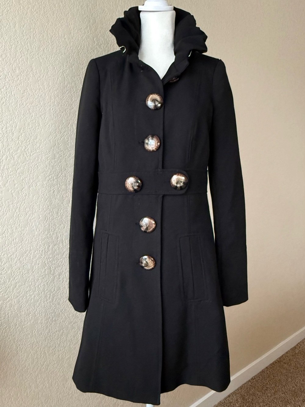 XOXO Black Ruffle Collar Fit & Flare Coat | Size Small